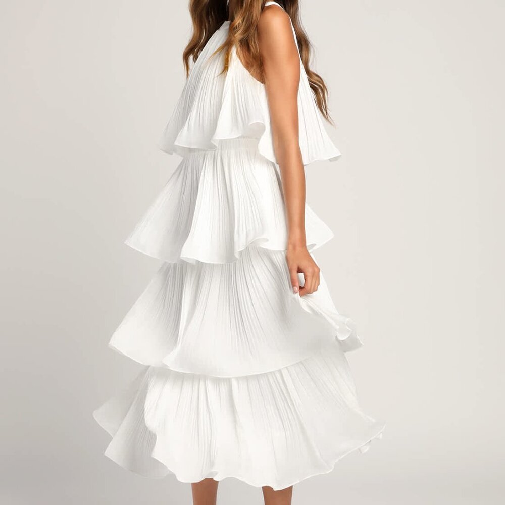 Tier and Far White Tiered Pleated Halter Midi Dress